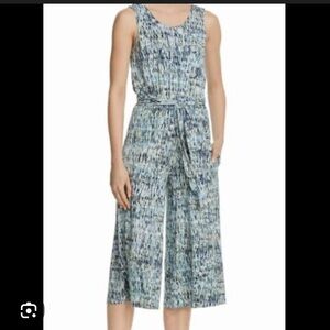 NIC+ZOE Blue Multi-Print Sleeveless Tie-Waist Cropped Wide-Leg Jumpsuit